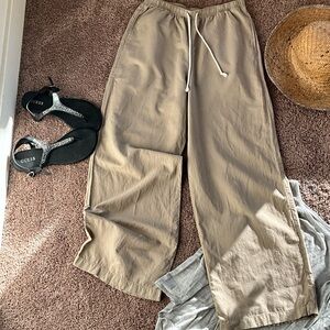 Uniqlo Linen Blend Wide Leg Pants Tan Drawstring S